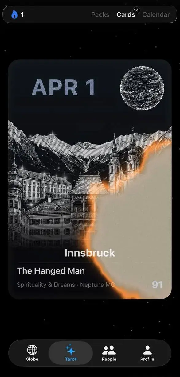 Tarot card being burned open — reveal animation