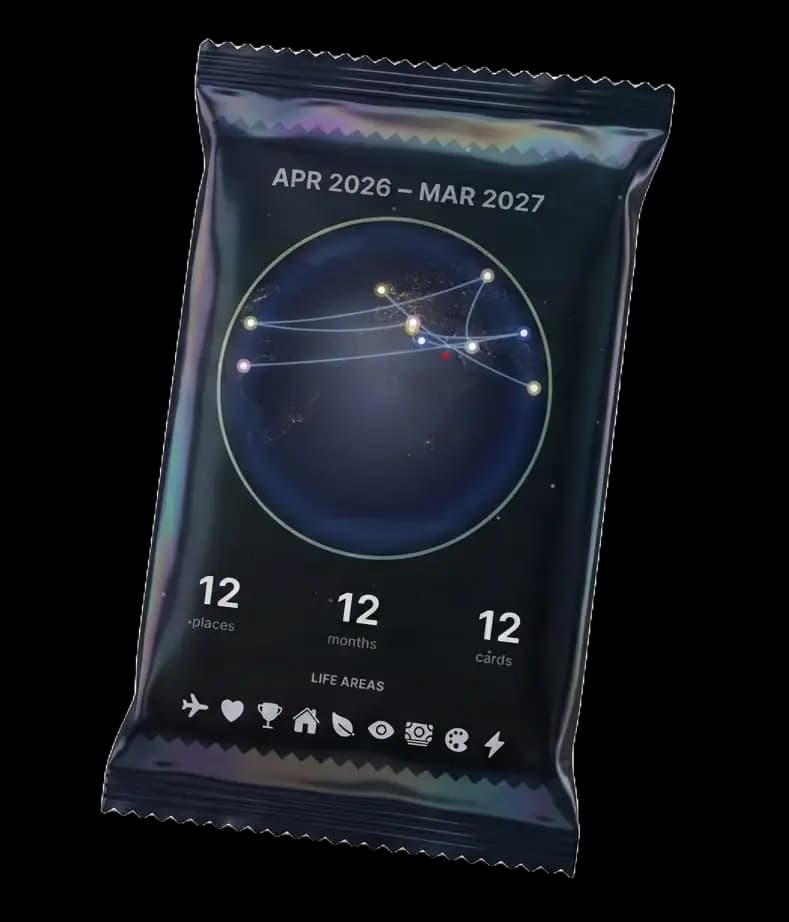 Meridy Year Ahead pack — 12 hand-drawn cards, one per month, scored and tied to a place